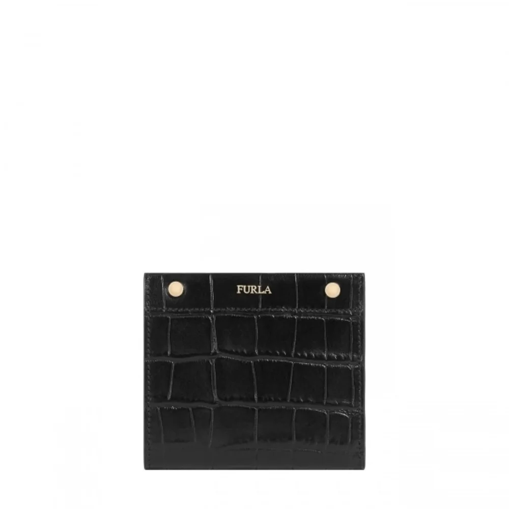 FURLA Lady M Black Croc-Embossed Compact Wallet